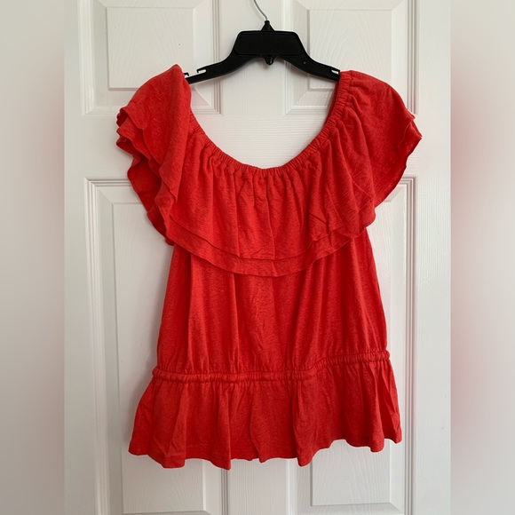 FINAL PRICE NWT Ralph Lauren Red Linen Top Ruffle Elastic Neckline Hip Tie PL - Picture 2 of 8